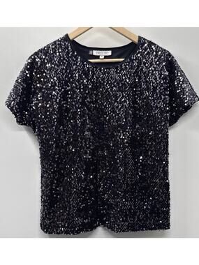 Jennifer Lopez Womens Top Medium Purple Black Sequined Top Short Sleeves